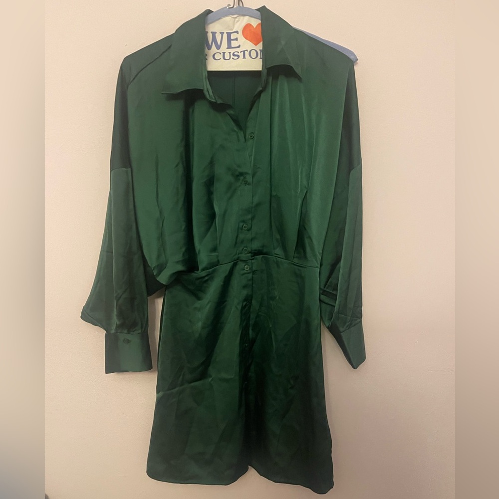 Green Satin Blouse Button-Up Dress